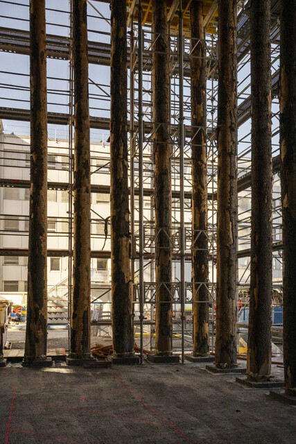 Vor lauter Bäumen: Noch übernehmen rohe Baumstämme die Lasten des Sockels.