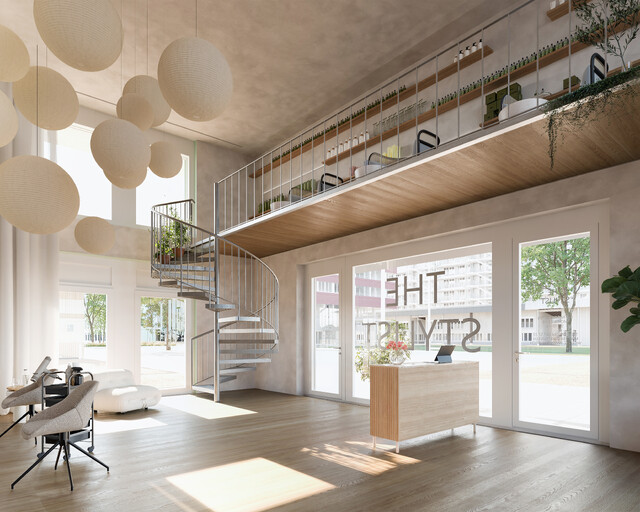 Im Längsbau ist eine kompakte Fläche mit beachtlicher Raumhöhe von 5,56 m verfügbar. Wie wäre es mit einem Blumenladen? Oder einem Coiffeur-Salon?