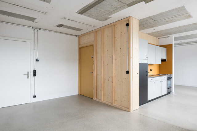 Upcycle Living Studio im 3. OG: Ein Studio mit längerer Küchenzeile und angrenzendem Bad.