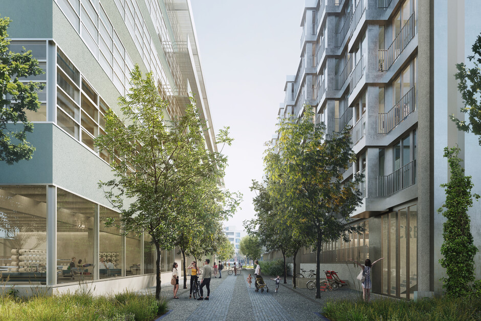 Vorne offen, hinten zu: Der Gewerbebau öffnet sich zum Quartier und schliesst dieses zur Wehntalerstrasse hin ab.