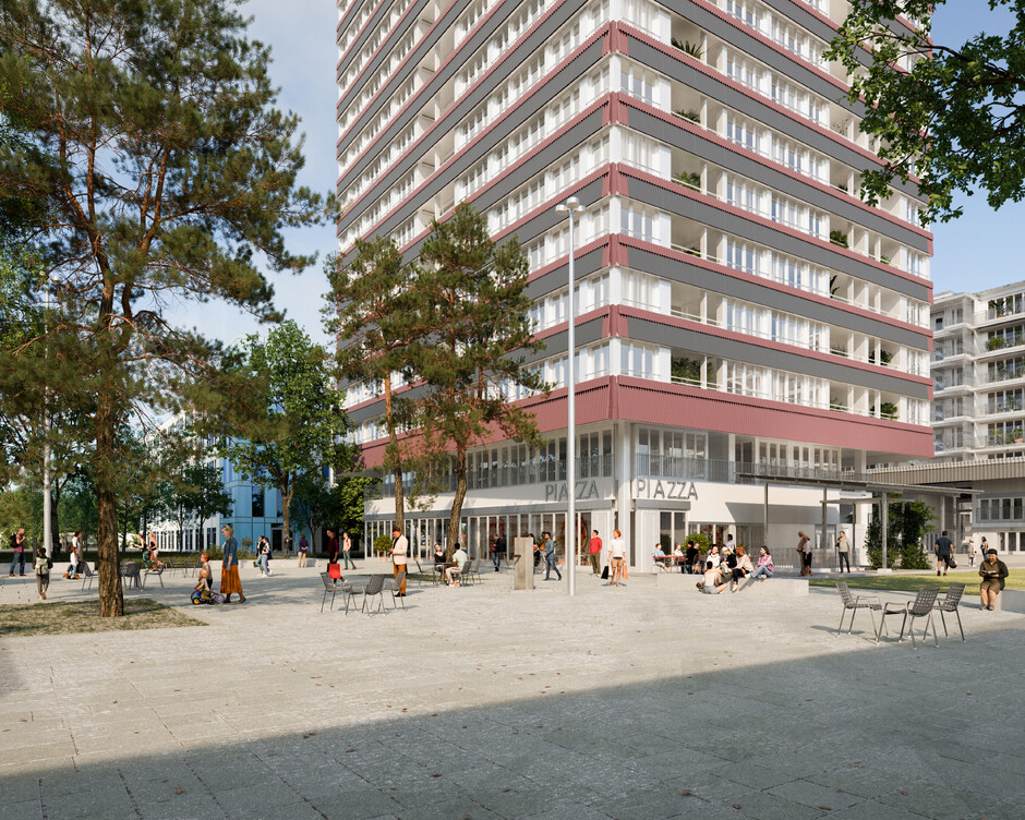 Die Furttalpromenade mit grünen Oasen und dem Wohnturm von Studio Märkli.